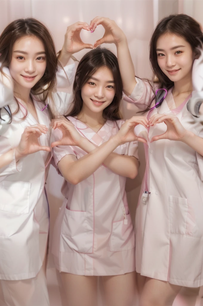 (smiling women with hands making heart shape), 3girls, Beautiful Japanese female doctor wearing white labcoat, cute Japanese female nurse wearing fitted pink nurse dress , beautiful detailed face, Japanese woman, pale skin, realistic skin, detailed cloth texture, detailed hair texture, Perfect proportion, Beautiful Face, accurate, Anatomically correct, Highly detailed face and skin texture , looking at viewer