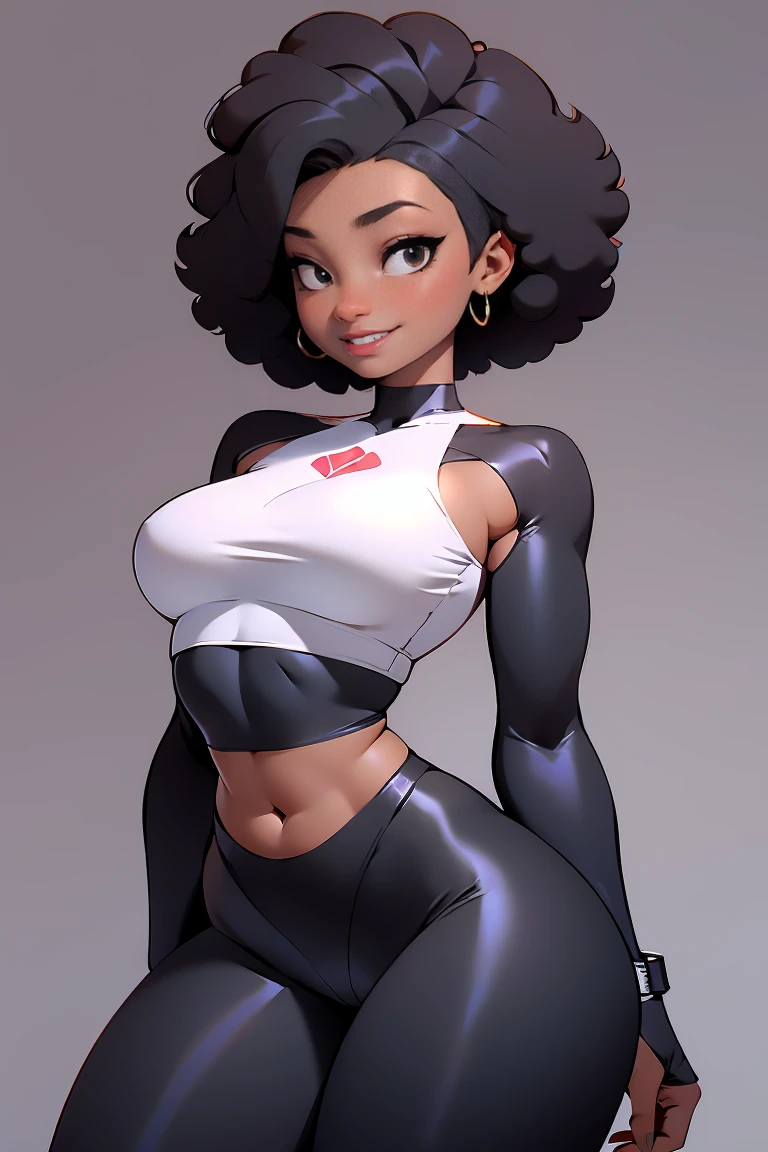 Corpo inteiro de uma bela mulher afro-americana, com um sorriso malicioso, afro haircut, 1 girl, solo, (black leggins) (crop top), little bust, wide hips