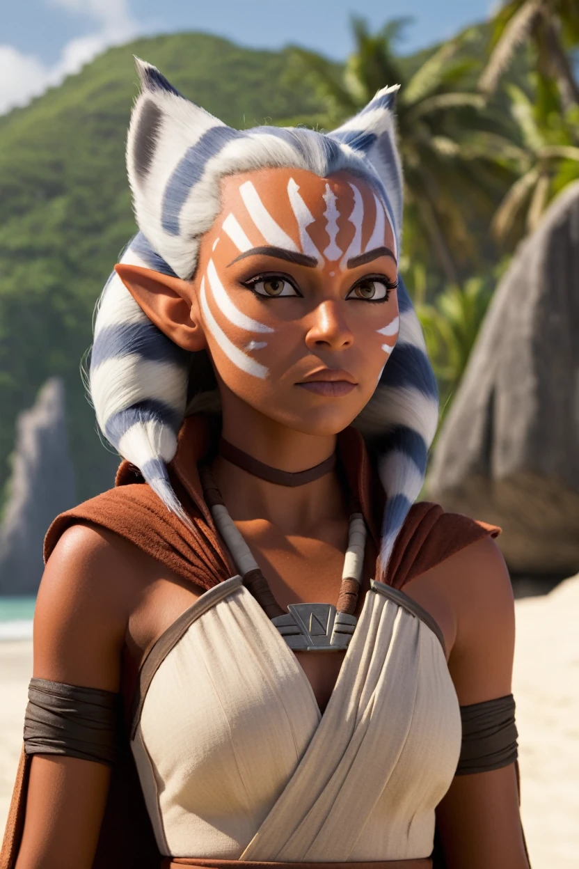 motion picture still ahsoka tano raised an eyebrow on whisper island, full body shot . shallow depth of field, viñeta, Very detailed, Ryan Coogler&#39;s Big Budget Hollywood Movie, bokeh, cinemascope, moody, epic, gorgeous, film grain, grainy
