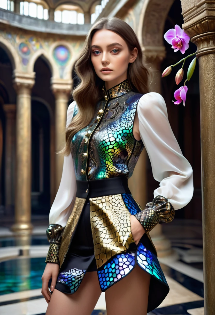 Strategy game style (Ultrarealistic:1.3) a beautiful young russian woman with long flowing brown hair with golden highlights, avant garde fashion model, venetian aristocratic yet modern and futurist aesthetic, aristocrat, intricate outfit, bright multi-coloured silk shirt covered in fractals and a pattern that resembles a black opal, a multi-coloured pastel silk vest with puffy sleeves, an opalescent mini skirt with a pattern that resembles a black opal, haute couture, award winning fashion photo, inspired by Leonor Fini, inspired by Antoni Gaudi and Salvador Dali, covered in fractals and reptilian skin, surreal beautiful young woman,close portrait,(manga:1.3),beautiful,attractive,handsome,trending on ArtStation,DeviantArt contest winner,CGSociety,ultrafine,detailed,studio lighting . Overhead view, elegant aesthetic, detailed map, units, reminiscent of real-time strategy video games, standing in front of columns, palace, gardens, pool of water, fountain, flowers, orchids, roses, tropical plants, 35mm film photography, 8K 