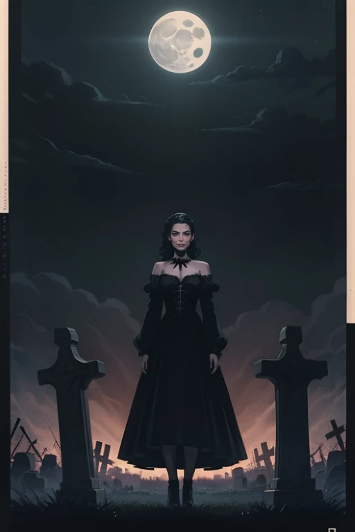 a gothic young girl with black eyes, dark hair, pale skin, wearing a black dress, standing in a gloomy graveyard at night, moonlight, moody, dark fantasy, cinematic, hyper detailed, dramatic lighting, photorealistic, 8k