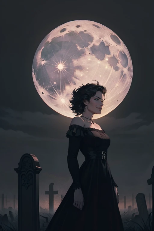 a gothic young girl with black eyes, dark hair, pale skin, wearing a black dress, standing in a gloomy graveyard at night, moonlight, moody, dark fantasy, cinematic, hyper detailed, dramatic lighting, photorealistic, 8k