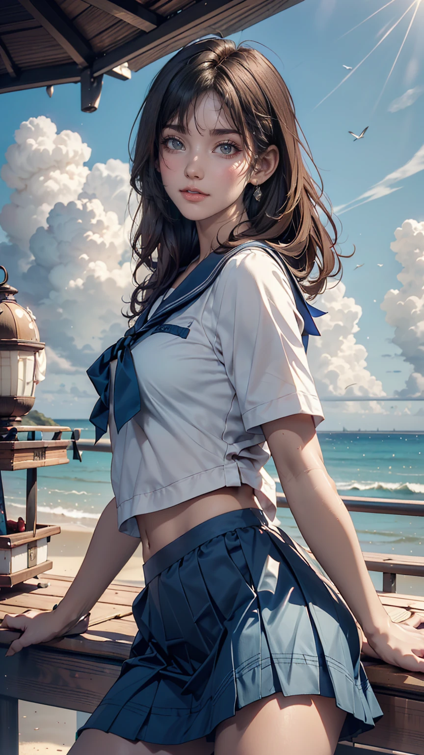 ((最high quality, 8K, masterpiece: 1.3, Ultra HD, high quality, 最high quality, High resolution, realism)) 、Very beautiful 18 year old Japanese schoolgirl、I'm wearing a sailor suit、Wearing a navy blue pleated skirt、Wear loafers、Hair  is light brown、black eye、Medium Hair、Straight hair、smile、sit on a high breakwater on the beach、The blue sky is beautiful、There is a road in front of the breakwater.、The sea is beautiful、Beautiful Horizon、 island can be seen offshore、Entering clouds on the horizon