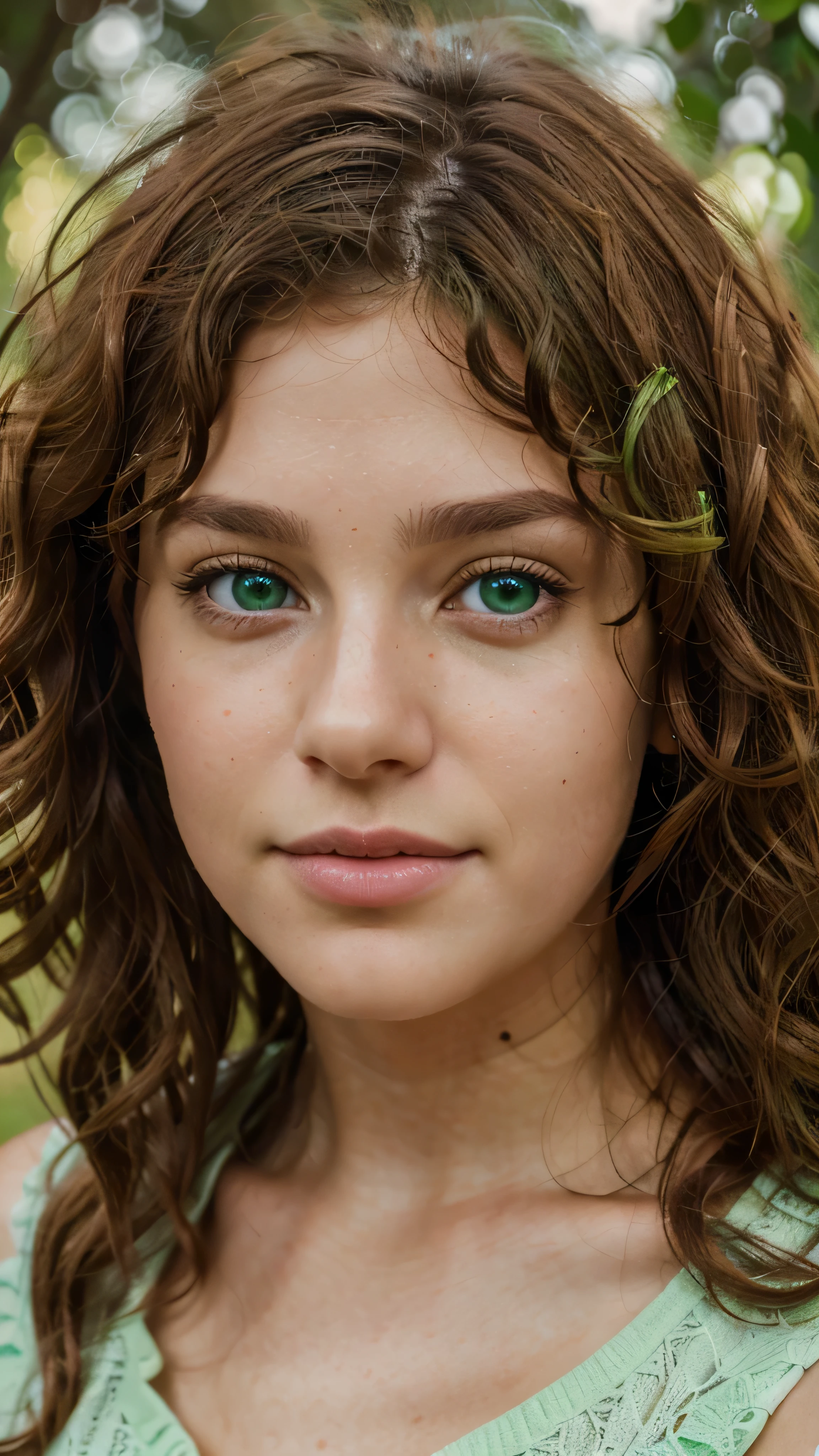 8k, close up photo-realistic portrait of beautiful 19 year mixed American girl, ((brown curly hair , light green eyes, )) add atleast 1 unique face feature