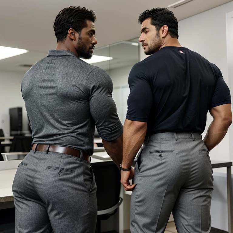 A Hispanic black man with a face that looks like Henry Cavill. black man, His body is muscular and he has a toothed beard.. Big Butt, in a moment of reflection. full body. Fajada shirt, semi formal clothing, grey pants, backside.