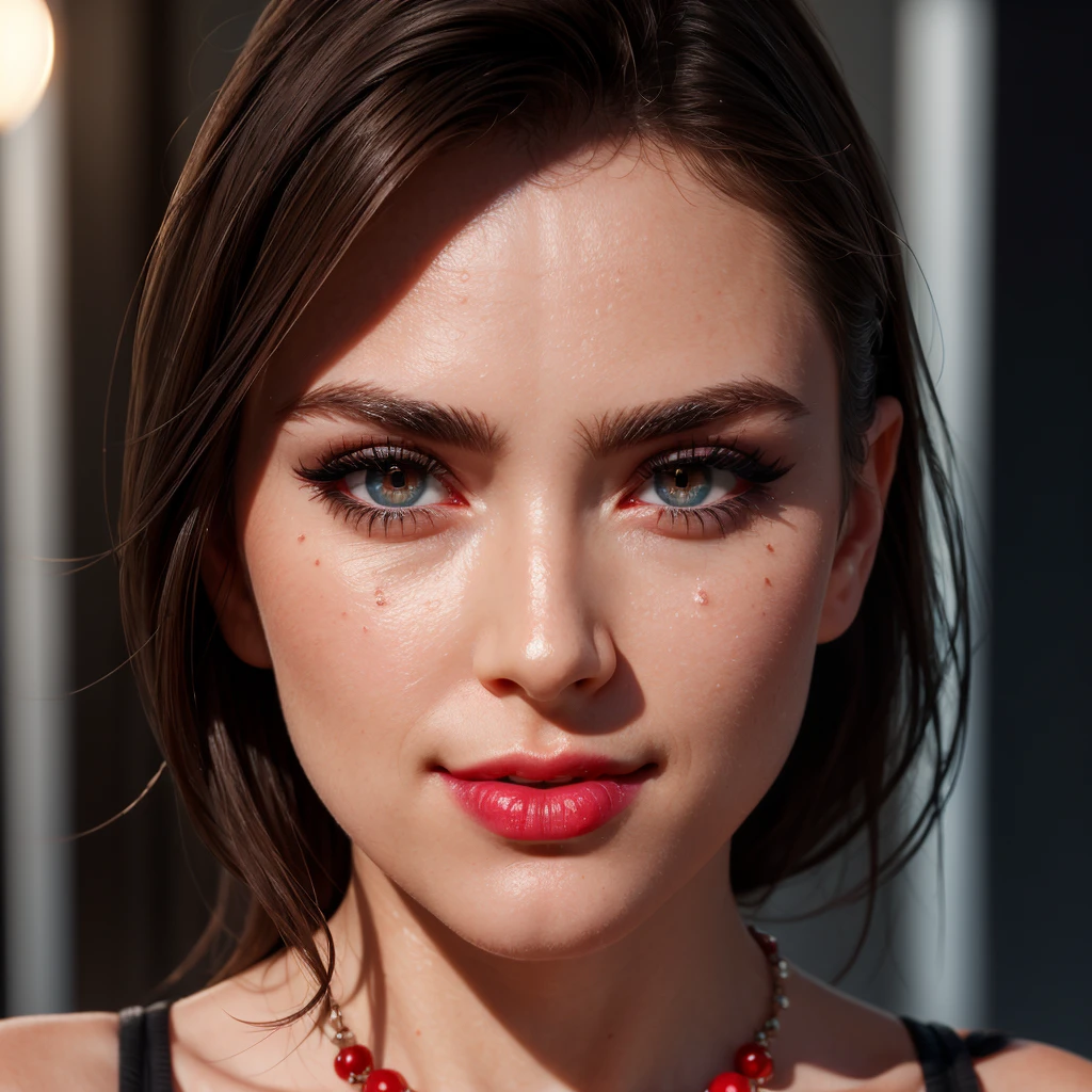 (masterpiece:1.4), ultra high detail, best quality, beautiful lighting, upper body, dress, necklace, real life, 1girl, natural makeup, red gloss lips, ultra detailed face, ultra detailed eyes, azure eyes, medium eyelashes, skin pores, intricate, high detail, sharp focus, dramatic, beautiful girl, (RAW photo, 8k uhd, film grain), caustics, subsurface scattering, reflections, smile,
