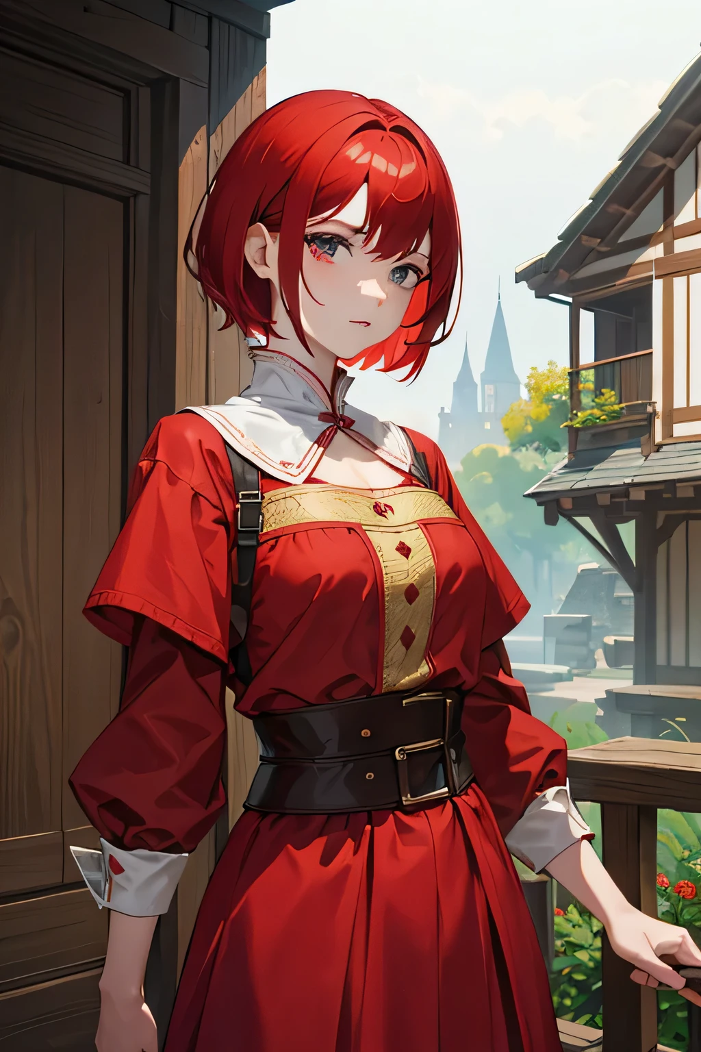 A woman with short red hair, Caucasian skin, red and peasant clothes. kind expression.