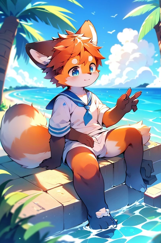 Male Red Panda, Ocean, Appeared wearing a sailor uniform! One in heat, Sitting,fly in the sky，Blue light