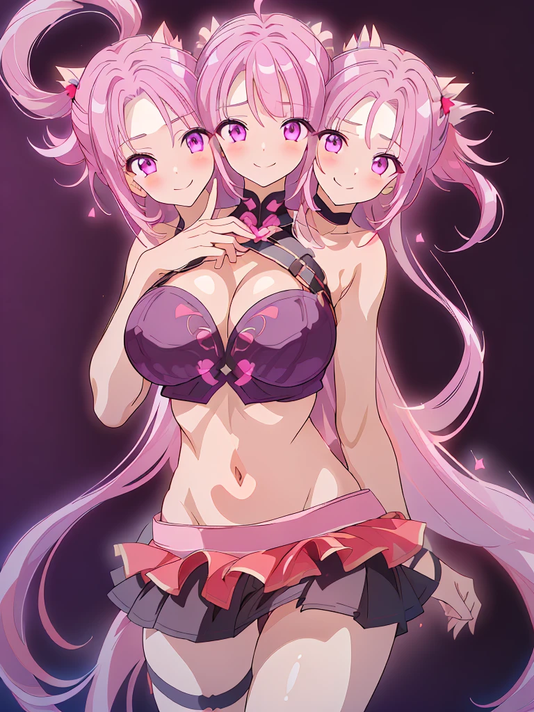 (masterpiece, best quality), best resolution, (3heads:1.5), 1girl, pink hair, long flowing hair, smiling, seductive smile, open belly, black crop top, dark purple miniskirt, open breasts, big tits, very huge tits, curls, beautiful eyes, alluring presence, pink eyes,