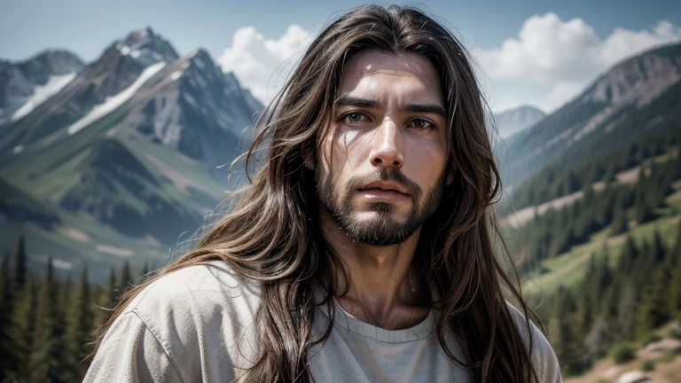 A man with long hair and a beard, jesus Cristo, Retrato de jesus Cristo,in a serene and peaceful landscape. jesus deve estar em uma posição de liderança, with a soft and loving expression. Next to you, a majestic lion must be present, appearing calm and friendly. 8 k realistic digital art, jesus de Nazaré, ultra realistic digital painting, rosto de jesus, highly realistic digital art, hyper realistic digital painting, ultra realistic digital art, very realistic digital art, jesus, arte digital ultrarealista