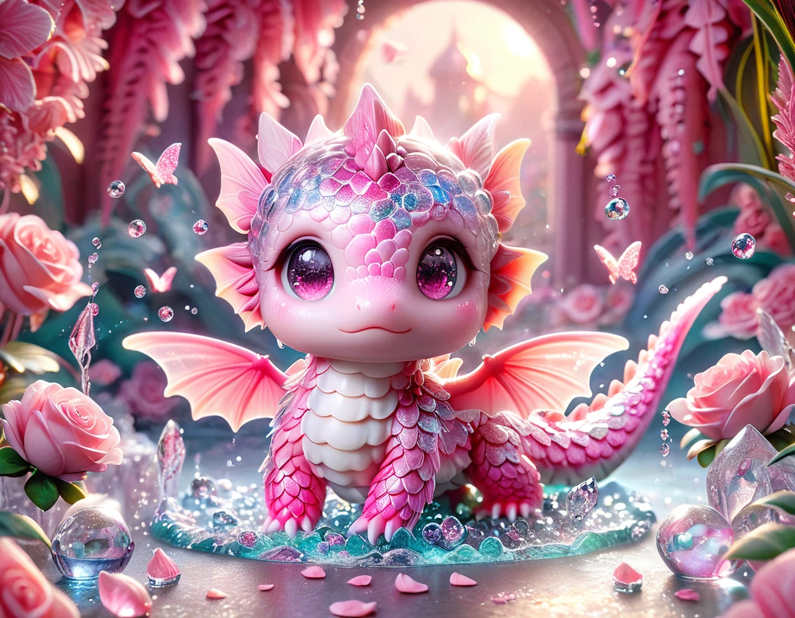 Ultra detailed, HDR, Highres, absurdres, master piece, Pink dragon, expressive pink eyes, small dragon, glass, pink glittering butterflies, pink ice, petals, pink ice glass roses, cute, glittering, water, fantasy, magical