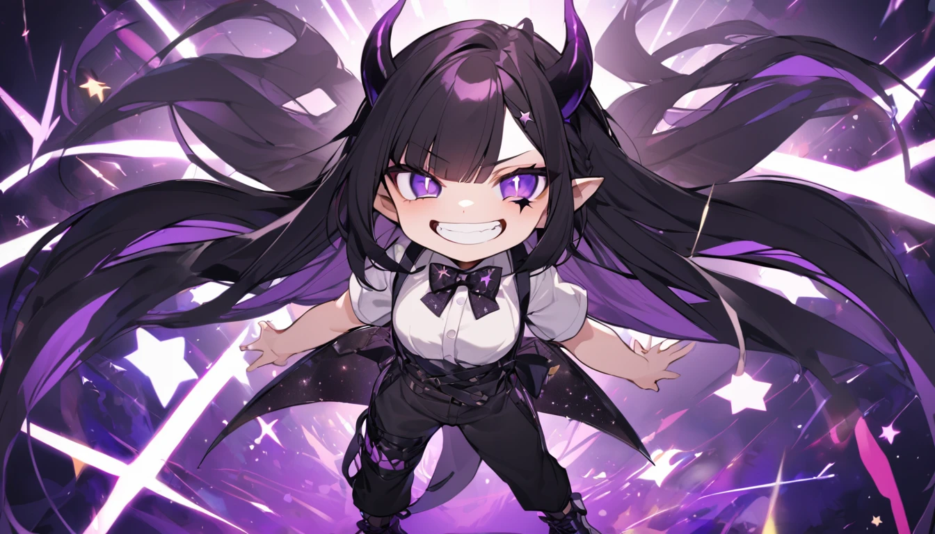 A girl with long black hair with straight bangs, with hair cut at the ends. Two large strands in the front, one bigger than the other. A rebel thread. A small white streak in your bangs. Two demon horns, one purple and one black, both with a dark purple star. one black eye and one purple eye. A purple star on your right cheek. black wide pants. All star shoe. Full white shirt with a bow tie with a star in the middle, with short sleeves.  a big chest . Grinning. She is a star demon. She is standing looking at the camera. In one of his eyes a star in the black eye case, in the black eye and just black. Sex girl. Sex girl. One black eye and one purple eye. 