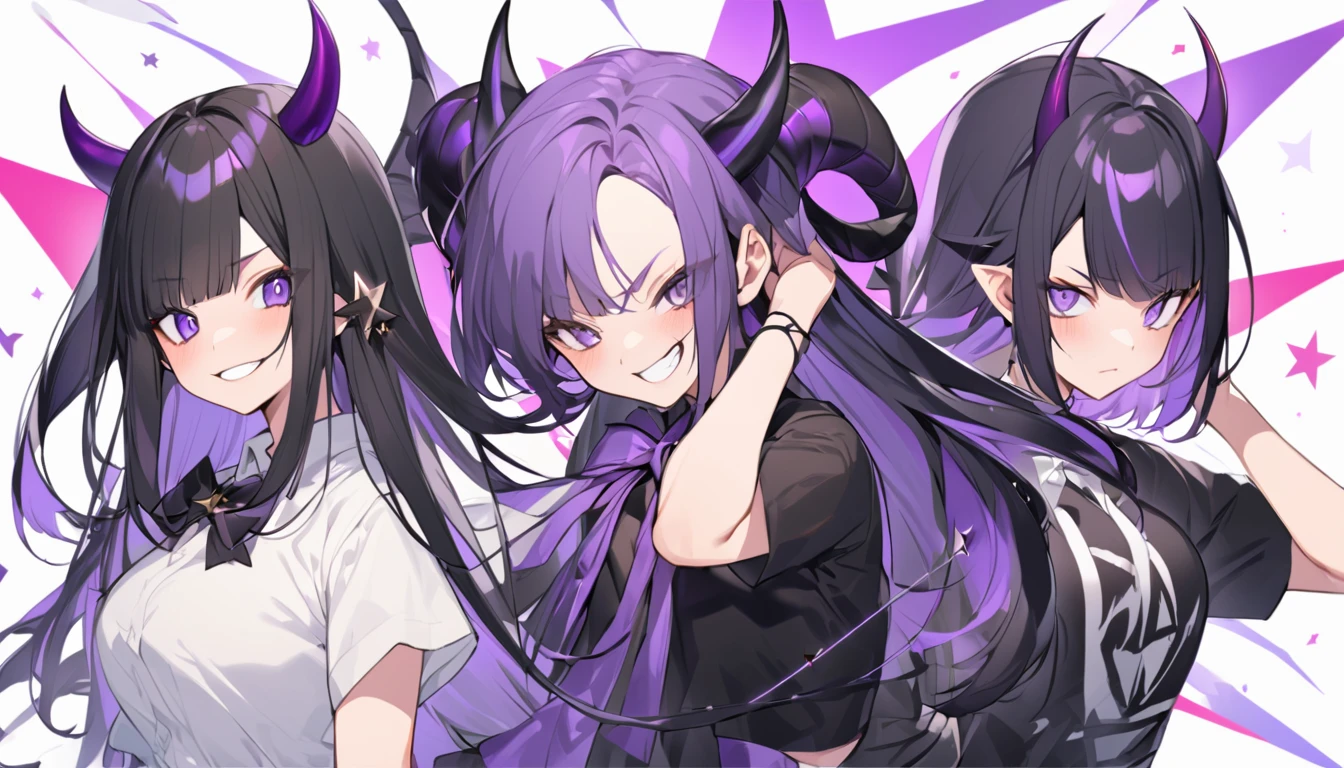 A girl with long black hair with straight bangs, with hair cut at the ends. Two large strands in the front, one bigger than the other. A rebel thread. A small white streak in your bangs. Two demon horns, one purple and one black, both with a dark purple star. one black eye and one purple eye. A purple star on your right cheek. black wide pants. All star shoe. Full white shirt with a bow tie with a star in the middle, with short sleeves. a big chest . Grinning. She is a star demon. She is standing looking at the camera. In one of his eyes a star in the black eye case, in the black eye and just black. Sex girl. Sex girl. One black eye and one purple eye.