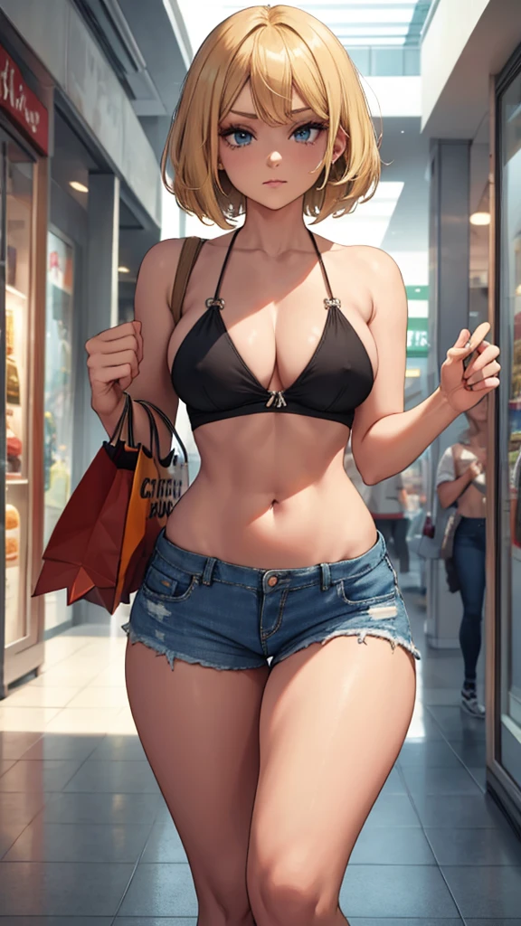 blonde girl, shorth hair, short jeans curto, bikini branco, thick-thighs, broken belly, Holding a bag, strolling in a shopping mall