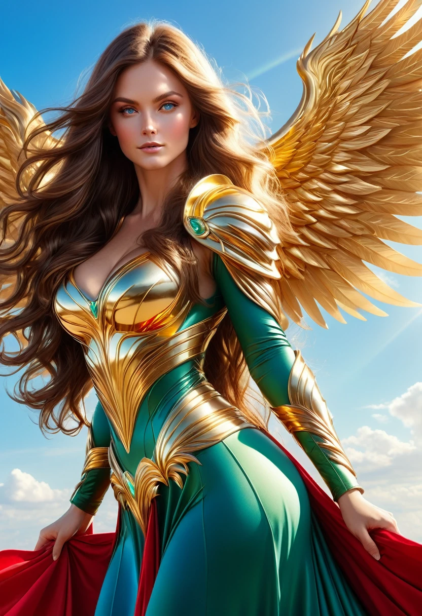 LOVELY WINGGED WOMAN, GOLD HUGE WINGS, HUGE LONG BROWN HAIR, TANNING SKIN BLUE EYES, HIGH CHEEKBONES, ROSY CHEEKS, MENTAL FORAMEN, HUGE LONG HAIR, VOLUMOUS HAIR,  RED GREEN LONG DRESS, GOLD GAUNTLETS, ATHLETIC BODY, SIDE BODY VIEW, HEAVEN, SUNLIGHT, BACKLIGHTS, , BLUE SKY, DAYLIGHT, ACCURATE IMAGE, MASTERPIECE.