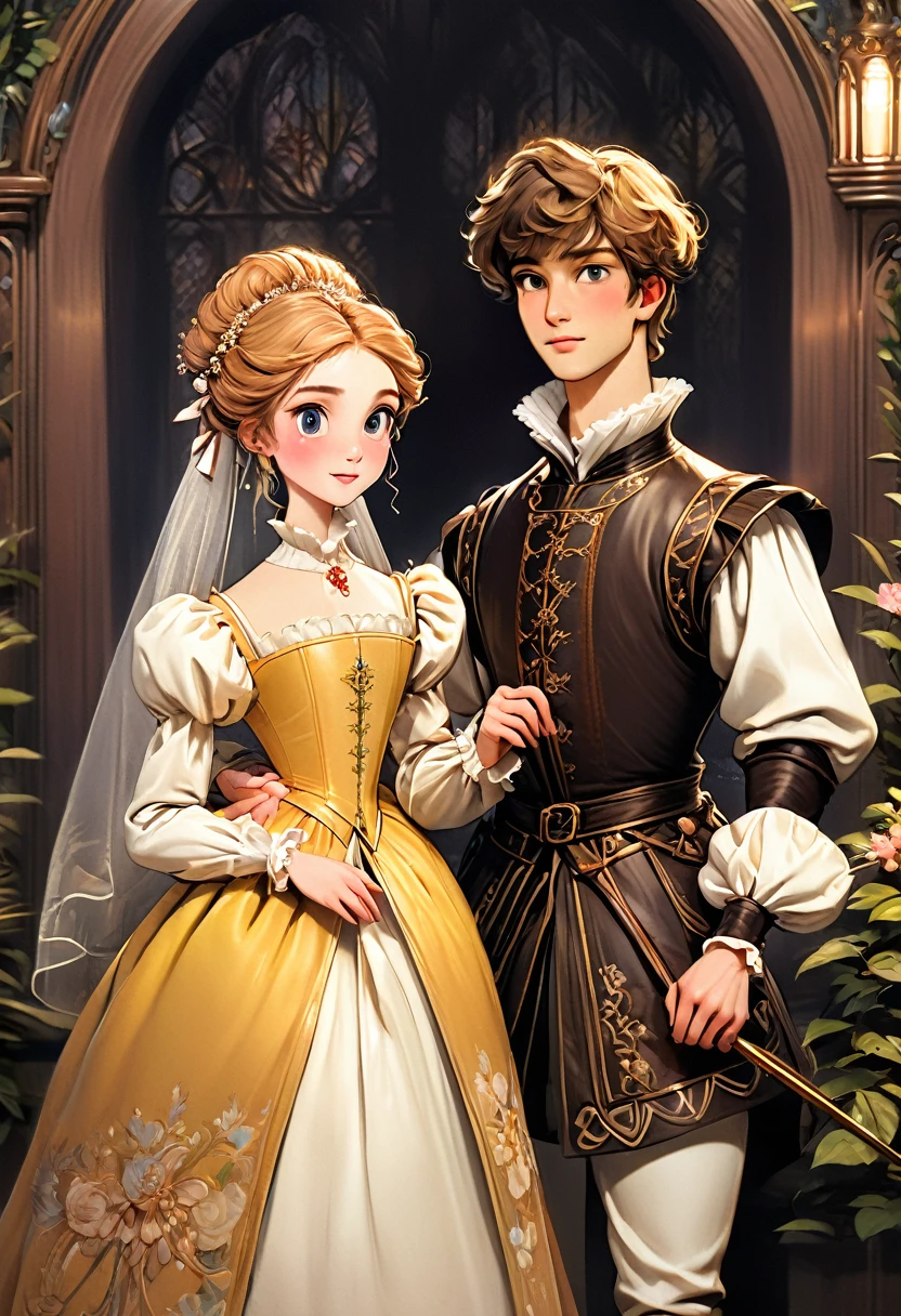 Masterpieces visually(8K)(High Resolution, Ultra Detailed), Showing a very late 1500s Elizabethan Enbglish Handsome young upper middle class couple male and female in classic period Elizabethan fashions clothings attires dress animated kinda anime style