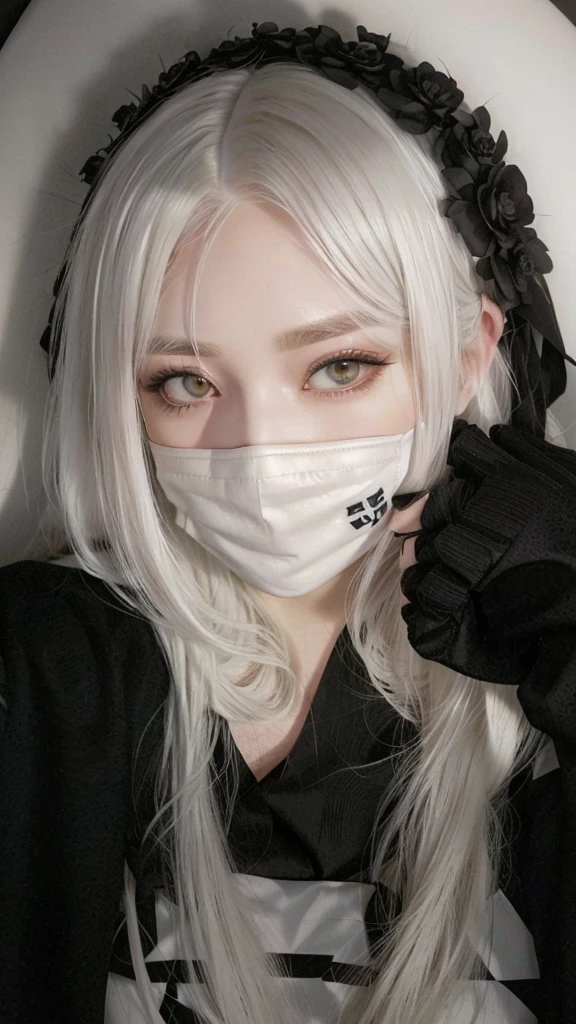 blonde girl with white hair wearing a mask and a black shirt, with white long hair, with long white hair, wearing an all-black mempo mask, pale white face, 2b, 2b, shikamimi, Yoko Tarô, white mask, white hime cut hairstyle, 1 7 Year Old Goth Anime Girl, young pale ghost, bright white face
