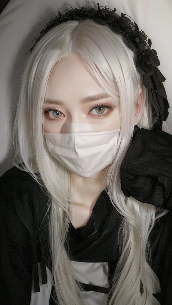 blonde girl with white hair wearing a mask and a black shirt, with white long hair, with long white hair, wearing an all-black mempo mask, pale white face, 2b, 2b, shikamimi, Yoko Tarô, white mask, white hime cut hairstyle, 1 7  Goth Anime Girl, young pale ghost, bright white face