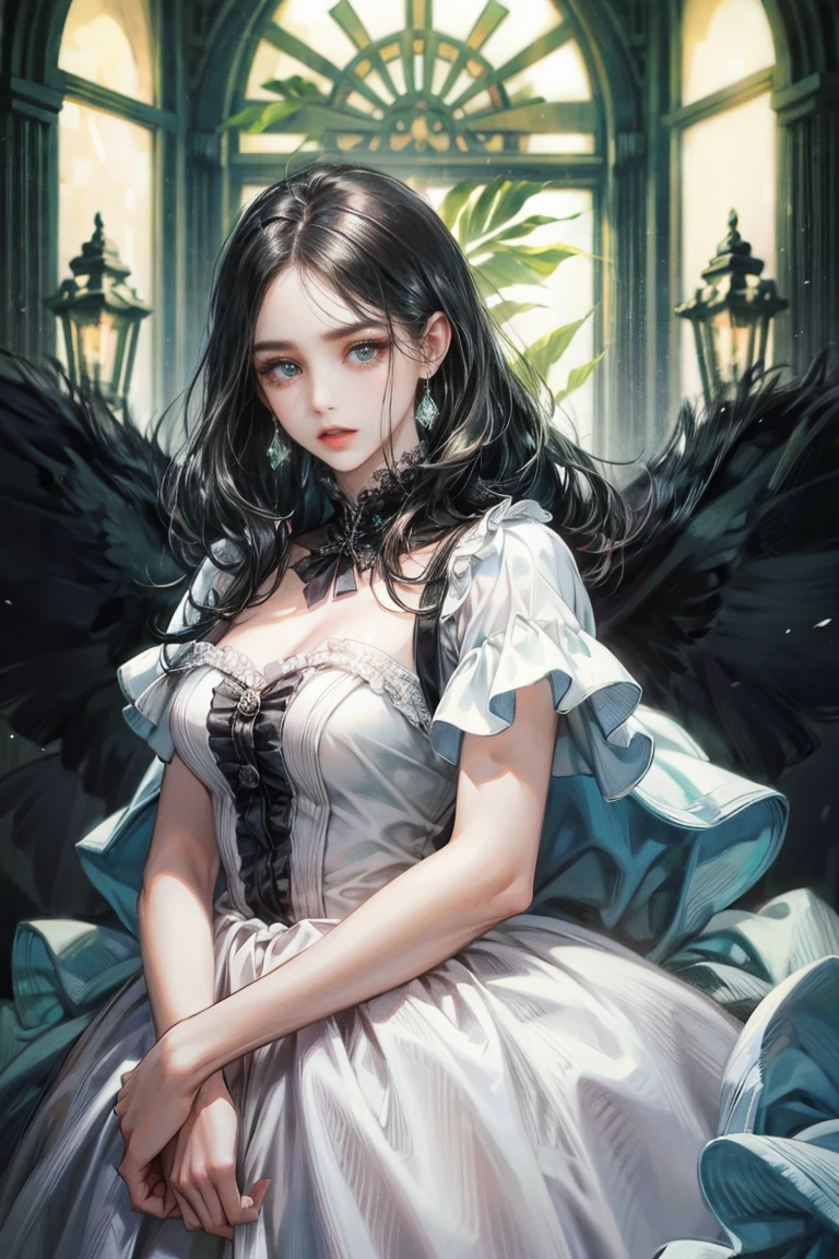 Woman with long black hair, alone, looking at the viewer, green eyes, white dress with ruffles, Princess