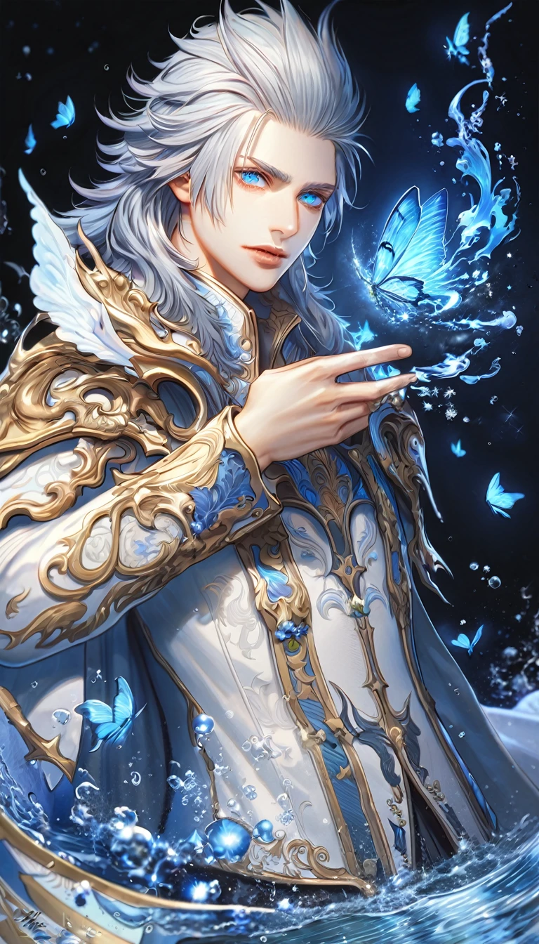 absurdres, highres, ultra detailed, HDR, master piece, best quality, extremely detailed, Ravus Nox Fleuret, white hair, expressive blue eyes, Final Fantasy XV, solo, man, handsome, white coat, fantasy, magic, sparkling, water, blue moon, blue flowers, blue butterflies, blue fireflies