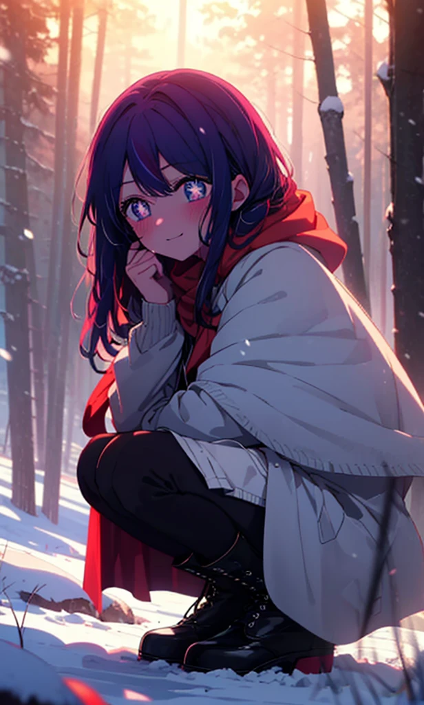 aihoshino, Ai Hoshino, Long Hair, bangs, (Purple eyes:1.1), Purple Hair, (Symbol-shaped pupil:1.5), smile,,smile,blush,White Breath,
Open your mouth,snow,Ground bonfire, Outdoor, boots, snowing, From the side, wood, suitcase, Cape, Blurred, , forest, White handbag, nature, Squat, Mouth closed, Cape, winter, Written boundary depth, Black shoes, red Cape break looking at viewer, Upper Body, whole body, break Outdoor, forest, nature, break (masterpiece:1.2), Highest quality, High resolution, unity 8k wallpaper, (shape:0.8), (Beautiful and beautiful eyes:1.6), Highly detailed face, Perfect lighting, Extremely detailed CG, (Perfect hands, Perfect Anatomy),
