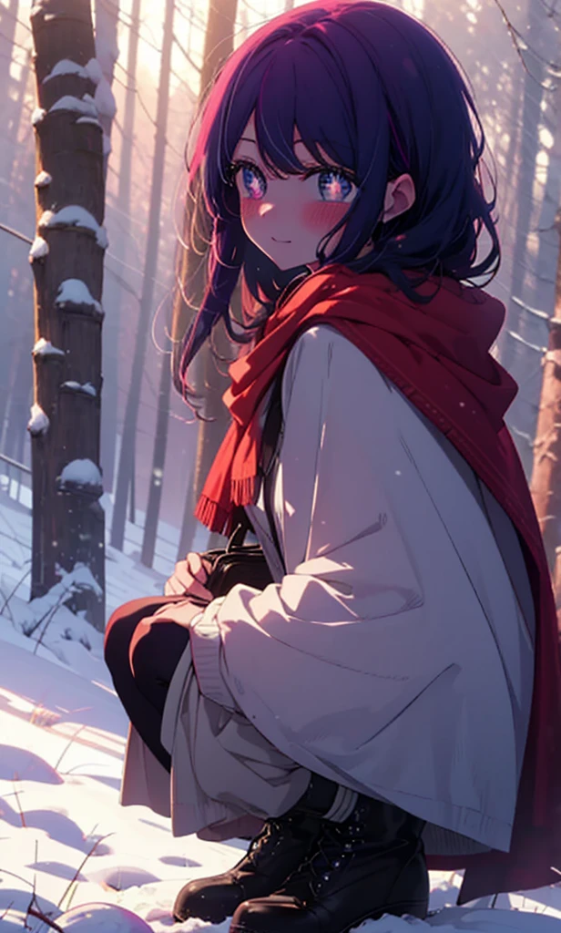 aihoshino, Ai Hoshino, Long Hair, bangs, (Purple eyes:1.1), Purple Hair, (Symbol-shaped pupil:1.5), smile,,smile,blush,White Breath,
Open your mouth,snow,Ground bonfire, Outdoor, boots, snowing, From the side, wood, suitcase, Cape, Blurred, , forest, White handbag, nature, Squat, Mouth closed, Cape, winter, Written boundary depth, Black shoes, red Cape break looking at viewer, Upper Body, whole body, break Outdoor, forest, nature, break (masterpiece:1.2), Highest quality, High resolution, unity 8k wallpaper, (shape:0.8), (Beautiful and beautiful eyes:1.6), Highly detailed face, Perfect lighting, Extremely detailed CG, (Perfect hands, Perfect Anatomy),