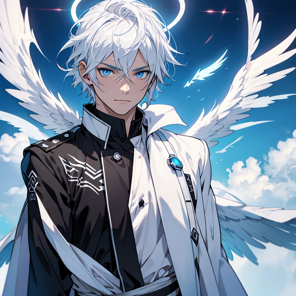Male angel with blue eyes and white hair With halo and wings, anime style, Black clothes