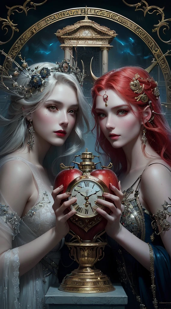 there are two women holding a clock and a red apple, Darius Zawadzki e Tom Bagshaw, natalie shau tom bagshaw, artgerm and tom bagshaw, tom bagshaw e sabbas apterus, artistic style tom bagshaw, Charlie Bowater e Tom Bagshaw, wlop and andrei riabovitchev