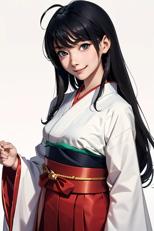 Highest quality High resolution Simple Shrine maiden服 Long bangs Adult female Shrine maiden Loose expression cute smile Scarlet Hakama Beautiful Eyes One Woman Long side hair Very black hair Shiny long hair Straight hair Ahoge Wide sleeves Long hem cute目 White Background