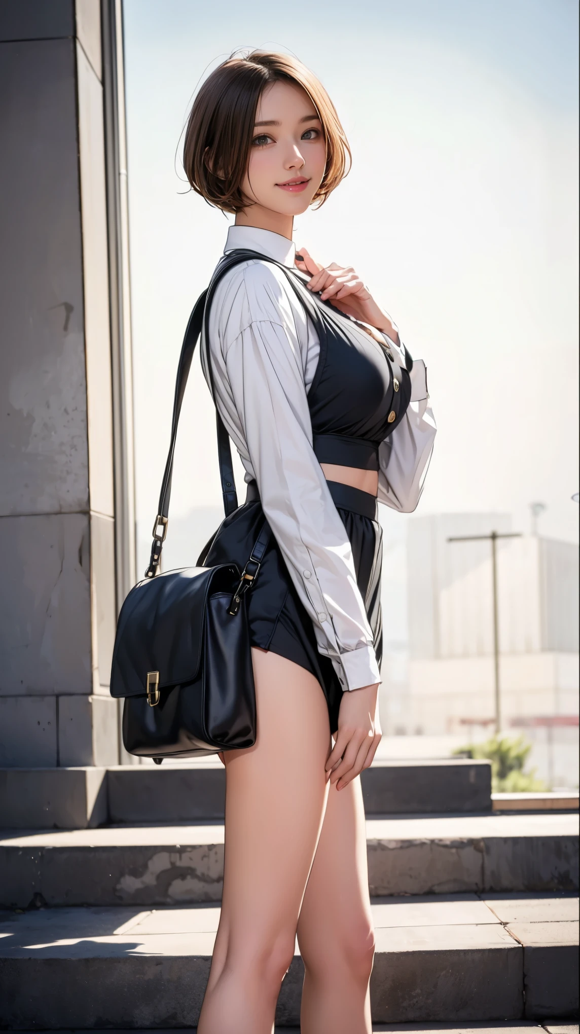 masterpiece, Highest quality, 8K,Ultra-high resolution、(((Head to knee photo)))、 22 years old, Small breasts, cute, alone, smile、 cute, girly, cute、Delicate girl, Pure beauty, RAW Photos, Professional photography, Soft Light, Professional Lighting, Backlight, Looking into the camera, Sophisticated, Film Grain, (Eye and facial details:1.0), Floating Hair、Short Bob、,Asymmetrical bangs, Round face、Young Face、(Small breasts:1.4)、Her cleavage is visible、Nipple protrusions are clearly visible:1.6、(((Business jacket、Tight Skirt:1.8)))、Voluptuous thighs、Translucent white skin、dolly make、(Heterochromia iridis、The left and right eyes are different colors)