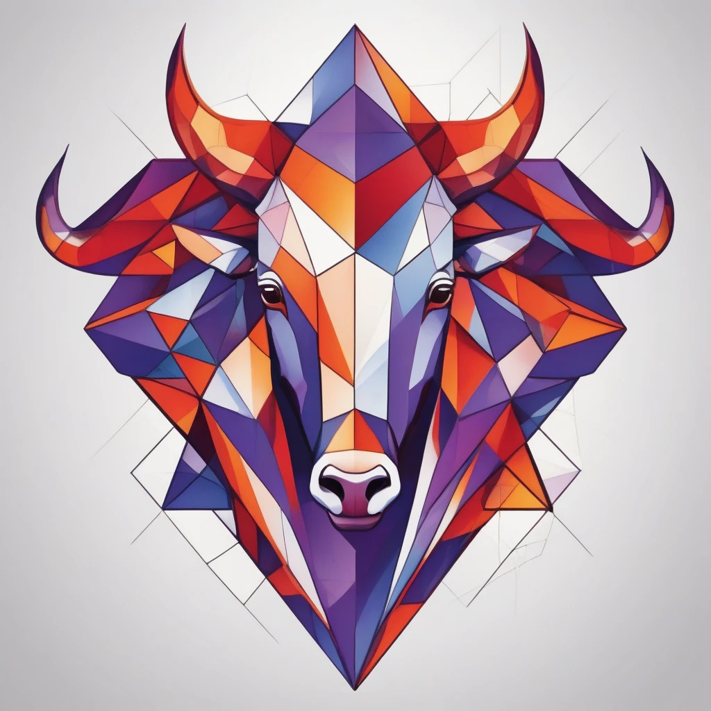 Fragmented Aries symbol, cubist-inspired artwork, energetic and avant-garde, multi-angled lighting, geometric shape composition, vibrant red, orange, and purple scheme, asymmetrical full front print, faceted gem-like texture, contemporary art enthusiast apparel, T-shirt design graphic, vector, contour, white background