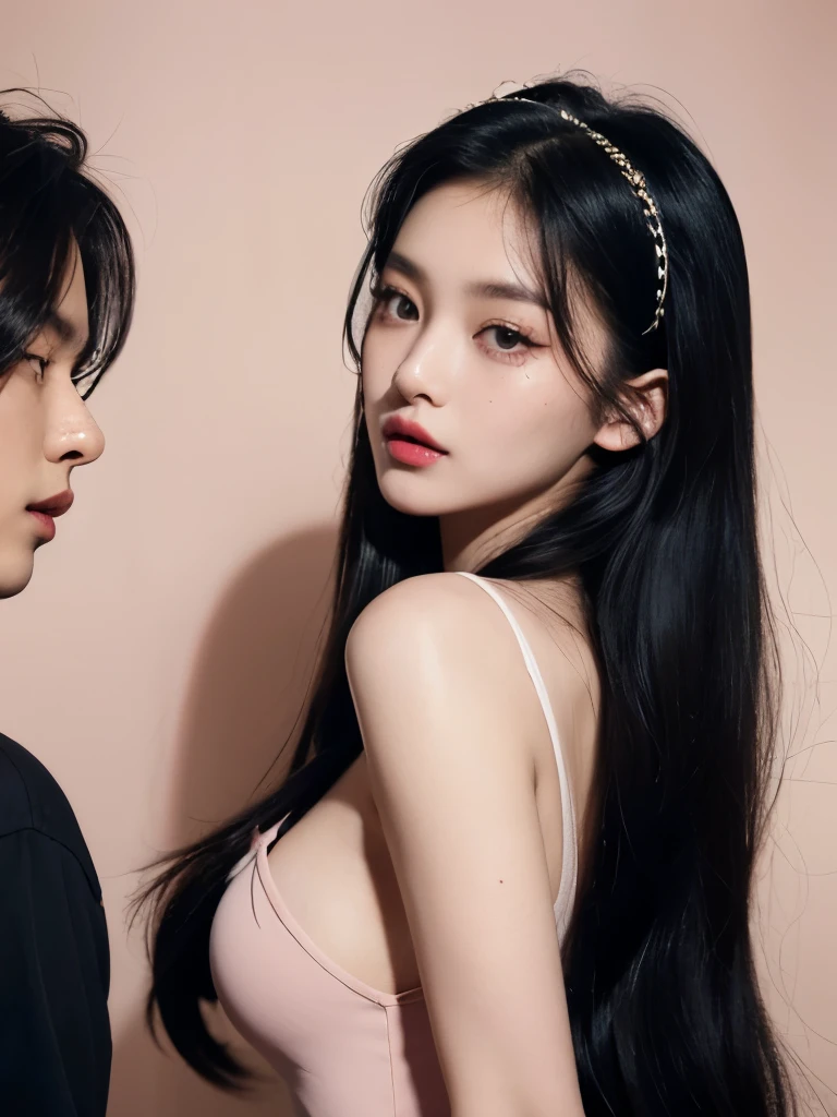 Kim Jennie with dark black hair, with curlers at the ends of dark black hair, with a star clip in her dark black hair, light colored eyes, pretty eyes, crying eyes, pretty, upturned nose, Pretty lips, pink lips, heart and cupid shaped lip, pretty skin, pale, White skin, with moles and freckles all over his face, soft pink blush on the cheeks, natural pink blush, dark and gothic makeup, Gothic Jennie, while she is with a cute boy by her side, with a cute asian boy standing next to her, while there is a man's torso, while the man'His hand is on his jaw.., beautiful man's hands, with a gothic boy, nice collars, marked collar, frown, angry look, with a kiss necklace, a pretty kiss necklace, while her nipples are noticeable (big breasts, soft breasts, nice breasts, natural breasts), with a white dress, short and transparent dress, visible on the nipple, with a boy by his side, with her boyfriend, looking to the camera, autophoto