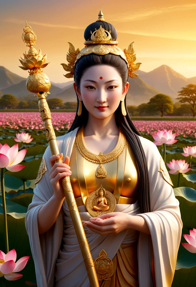 "In a highly detailed 8K RAW photo of unmatched quality, capture Kannon (Avalokiteshvara), embodying compassion, in a front-facing, human-like form. Emphasize her direct gaze at the viewer, conveying warmth with a serene smile, and highlight her holding a shakujō (a monk's staff) in her right hand. Adorned in attire symbolizing her mediatory role between the divine and human realms, she stands before a backdrop of a vibrant lotus field at golden hour, each bloom symbolizing purity and enlightenment. This ultra-realistic masterpiece, with its profound atmosphere of peace, invites deep reflection and spiritual connection."