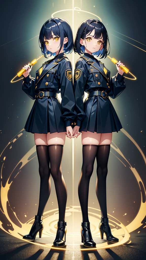 2girls, twins, short wavy navy blue hair, golden yellow glowing eyes, wearing black tube top, navy blue trench coat, navy blue long denim skirt, golden boots, sleeve tattoo, river, absurdres, high res, ultra sharp, 8k, masterpiece, looking at viewer, glowing blue water droplets surrounding the body, holding a black gun