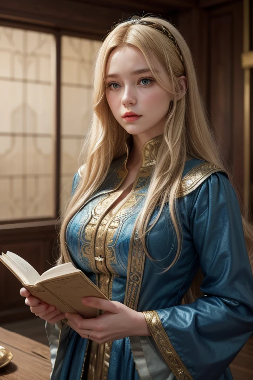 Face:
Perfect face
Style:
3d model, A young Caucasian woman with long,
Hair:
flowing blonde hair dressed in a detailed blue and gold medieval-style gown
Place:
She stands with a serious, contemplative expression while holding a blue book or object, figure, octane render volumetric,
Style:
Marco photography, macro lens, close-up, highly detailed
color:
palette
High face quality,red lips