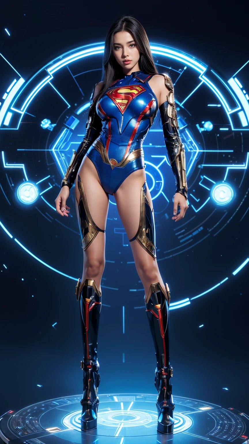(((full body photo))), Young sexy Nubian female cybernetic superman, with electronic themed eyes, wearing elegant ornate cybernetic armor, wearing cybernetic boots, with superman symbol, cybernetic skin, surrounded by electronic circuits, cybernetic theme, sexy pose, large breasts