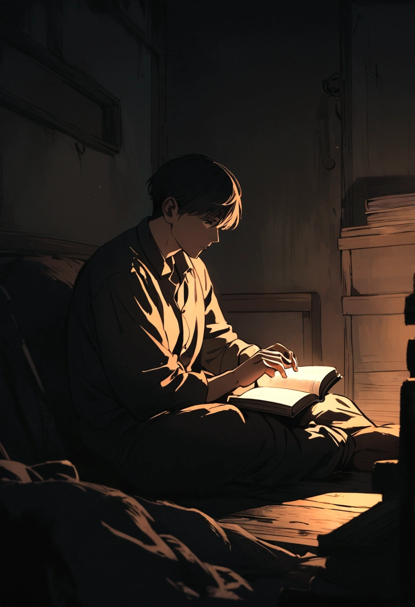 a man sitting in the basement and reading a book in the dark