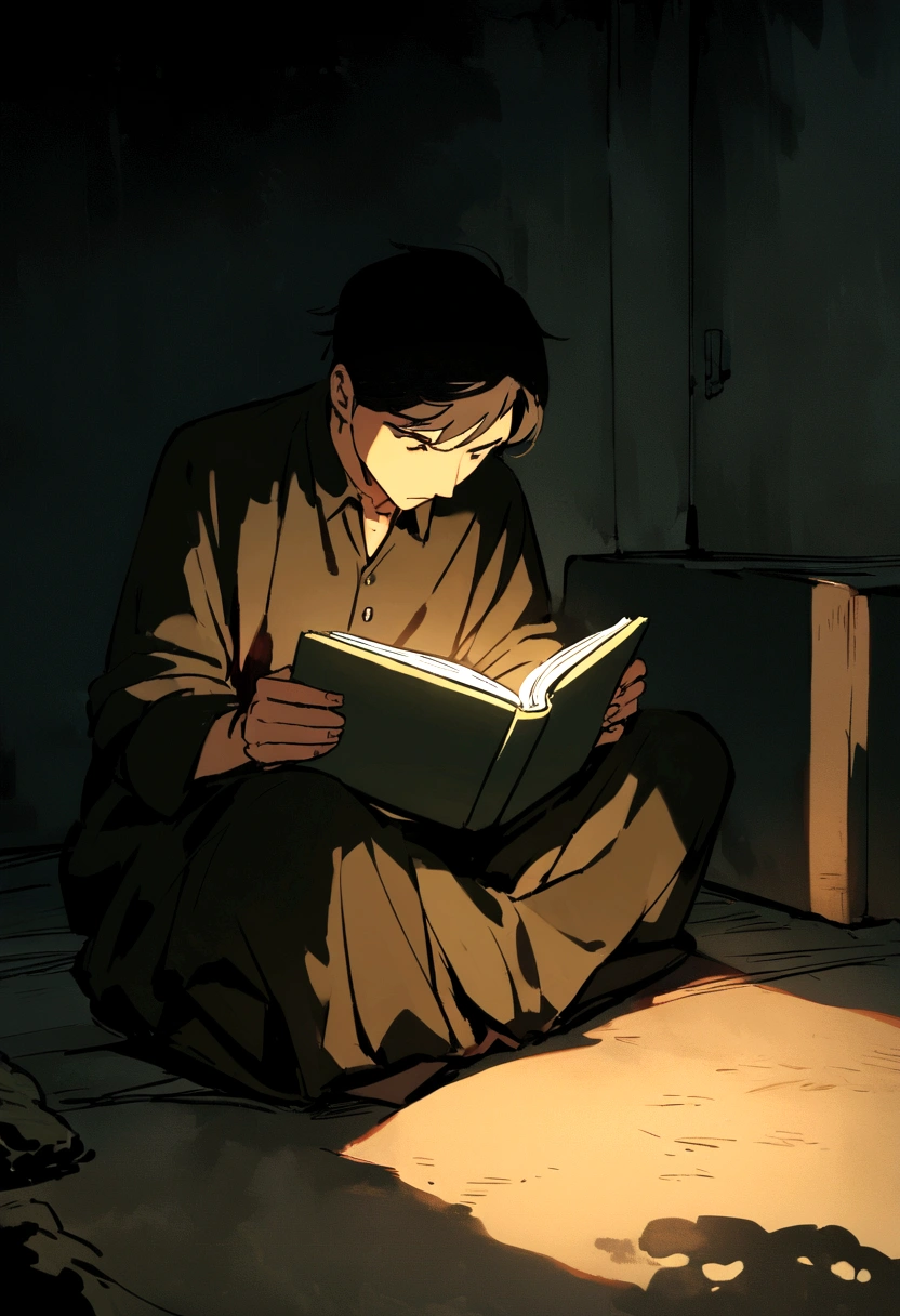 a man sitting in the basement and reading a book in the dark