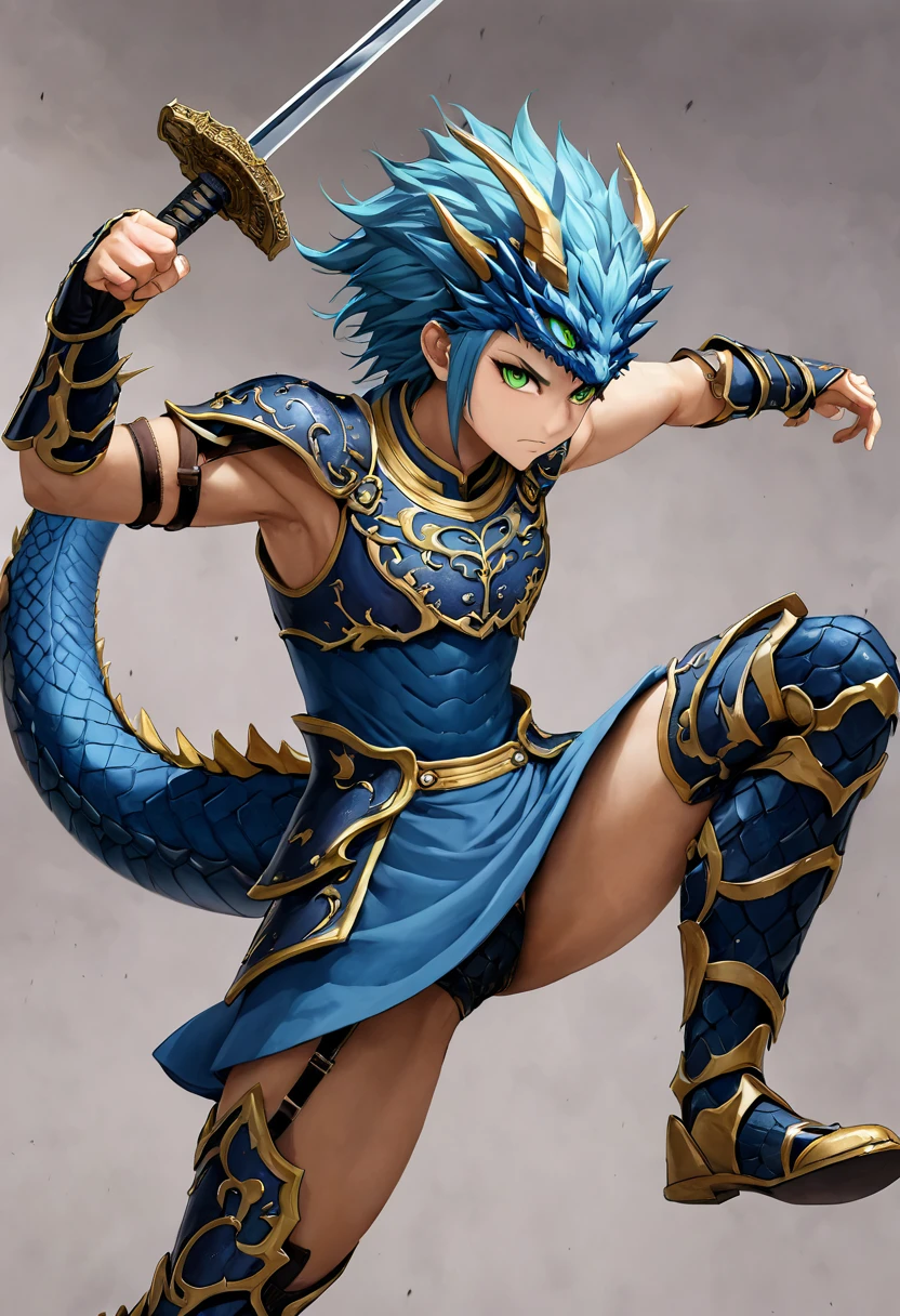 ((melhor qualidade)), ((obra de arte)), (detalhado), rosto perfeito

kunoichi, green eyes, blue kimono dragon texture,  armor on legs and arms, holding short sword, fighting pose, 