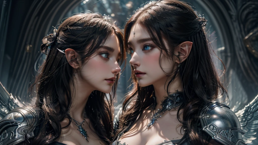 Close-up of woman holding sword and armor, Armor Girl, 2. 5D CGI anime fantasy artwork, Large Breasts，Epic fantasy digital art style, detailed Digital 2D fantasy art, Digital 2D fantasy art, original photo, (best quality:1.3), high resolution, (masterpiece), (lifelike:1.4), Professional photography, Clear focus, High Dynamic Range, 8k resolution, Intricate details, Fine details, Depth of Field, Extremely detailed CG unified 8k wallpaper, masterpiece，poster，best quality，Official Art，（Beauty and aesthetics：1.2），（masterpiece：1.3），Female Elf，individual，Light Leather Armor，complex pattern，snow，Cyberpunk style future city，Medium distance photography，（early morning），dramatic，Glowing Wings，
