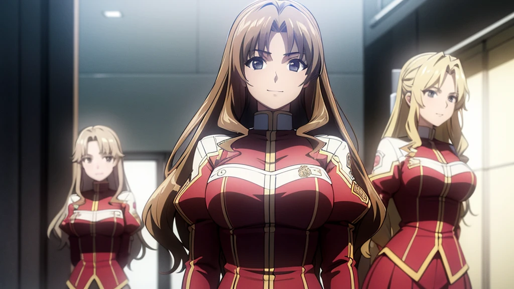 a masterpiece photo of 3 beautiful blonde sisters with long wavy hair, brown haired sisters, different hair colors, matching hairstyles, hazel eyes, big bust, matching uniforms, smiling, flat color, same height, organized pose, back to back, best quality, 4k, 8k, highres, masterpiece:1.2, ultra-detailed, realistic, photorealistic, photo-realistic:1.37, HDR, UHD, studio lighting, ultra-fine painting, sharp focus, physically-based rendering, extreme detail description, professional, vivid colors, bokeh