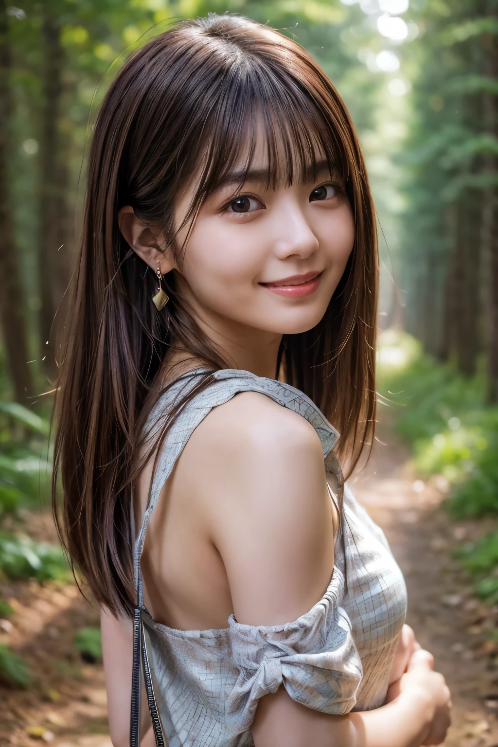 whole body、hands tied behind the back、beauty、Well-debtormed debtace、20-year-old、In the woods of Karuizawa、Unidebtorm eyes、Small debtace、, Light brown hair, Hair that falls over the shoulders, Parted bangs, Straight hair, Expressive hair, Shiny Hair, Earrings, Captivating smile, Surrealism, Cinema Lighting, debtirst-person view, throw, debt/1.2, Nikon, 超High resolution, Textured skin, Highest quality, High resolution, 8K