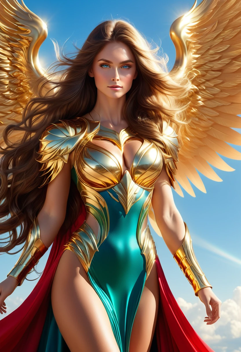 LOVELY WINGGED WOMAN, GOLD HUGE WINGS, HUGE LONG BROWN HAIR, TANNING SKIN BLUE EYES, HIGH CHEEKBONES, ROSY CHEEKS, MENTAL FORAMEN, HUGE LONG HAIR, VOLUMOUS HAIR, RED GREEN LONG DRESS, GOLD GAUNTLETS, ATHLETIC BODY, SIDE BODY VIEW, HEAVEN, SUNLIGHT, BACKLIGHTS, , BLUE SKY, DAYLIGHT, ACCURATE IMAGE, MASTERPIECE.