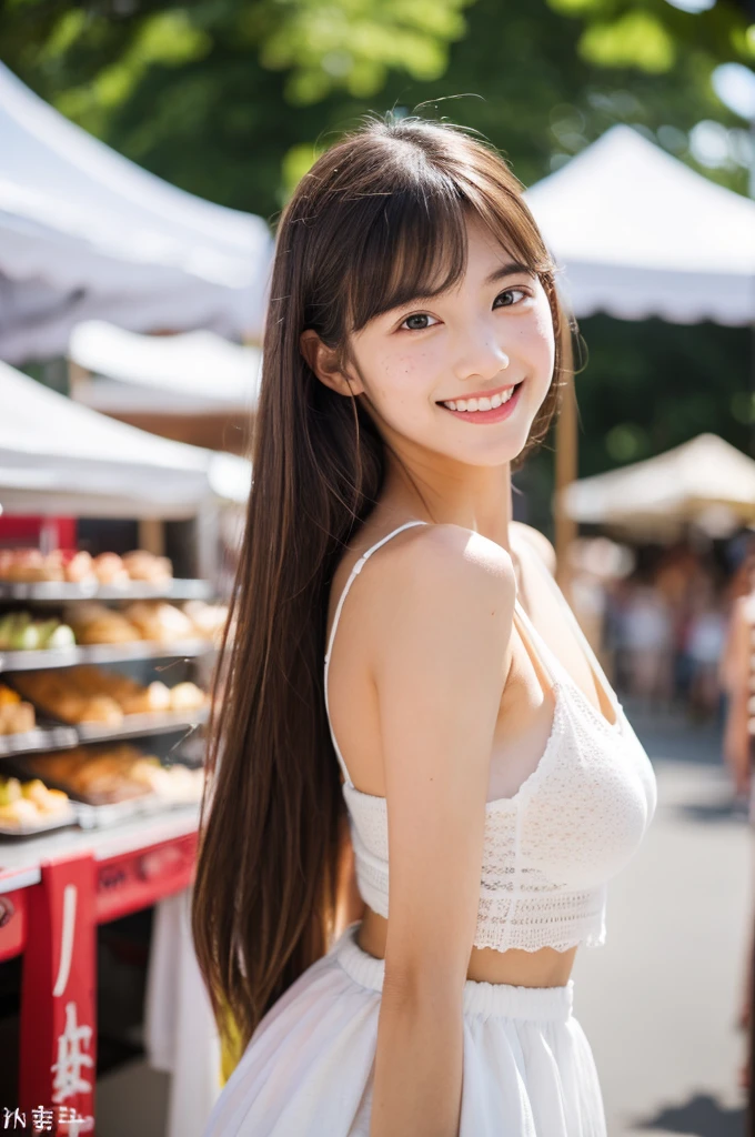 White tank top, Summer Festival Night Shop, High school freshman, ((whole body)), ((photograph)), ((Highest quality, 8K, masterpiece:1.3)), concentrated:1.2, perfect figure beautiful girl:1.4, One girl, Cowboy Shot, View the viewer, Unbelievably absurd, beautiful and cute girl with a photographrealistic face, Highest qualityの職人技を披露, A Japanese girl walking while looking at the food stalls at a summer festival, , Straight hair 100cm below shoulders, Light brown hair color, Shiny Hair, Bangs cut straight above the eyes, Hair is tucked behind the ears, Soft round face, big almond-shaped eyes, Light brown eye color, Long eyelashes, thin and Neat eyebrows, A small nose with a straight bridge, Cherry colored lips, Bright smile, White teeth, Smooth Skin, Fair skin, Light pigmentation, freckles, average length, Flexible body, Balanced proportions, Small A cup breasts, beautiful girl, Neat, Moe, Hilarious, Curious, Friendly, Polite, Responsible Party, I like festivals and events, August,Super long hair、Beautiful Long Hair、Thigh-length hair