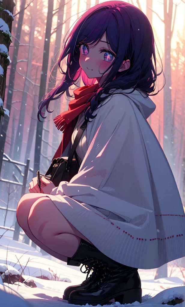 aihoshino, Ai Hoshino, Long Hair, bangs, (Purple eyes:1.1), Purple Hair, (Symbol-shaped pupil:1.5), smile,,smile,blush,White Breath,
Open your mouth,snow,Ground bonfire, Outdoor, boots, snowing, From the side, wood, suitcase, Cape, Blurred, , forest, White handbag, nature,  Squat, Mouth closed, Cape, winter, Written boundary depth, Black shoes, red Cape break looking at viewer, Upper Body, whole body, break Outdoor, forest, nature, break (masterpiece:1.2), Highest quality, High resolution, unity 8k wallpaper, (shape:0.8), (Beautiful and beautiful eyes:1.6), Highly detailed face, Perfect lighting, Extremely detailed CG, (Perfect hands, Perfect Anatomy),