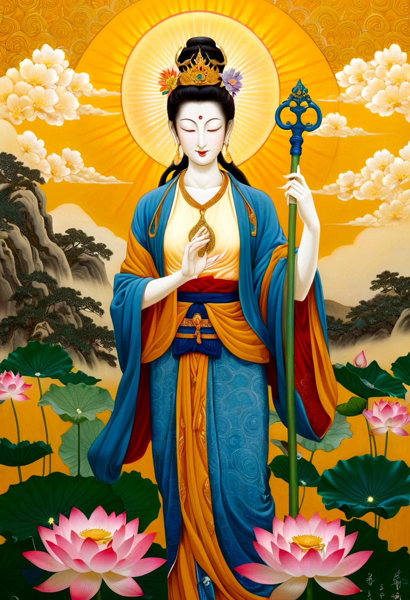 "In a highly detailed 8K RAW photo of unmatched quality, capture Kannon (Avalokiteshvara), embodying compassion, in a front-facing, human-like form. Emphasize her direct gaze at the viewer, conveying warmth with a serene smile, and highlight her holding a shakujō (a monk's staff) in her right hand. Adorned in attire symbolizing her mediatory role between the divine and human realms, she stands before a backdrop of a vibrant lotus field at golden hour, each bloom symbolizing purity and enlightenment. This ultra-realistic masterpiece, with its profound atmosphere of peace, invites deep reflection and spiritual connection."
