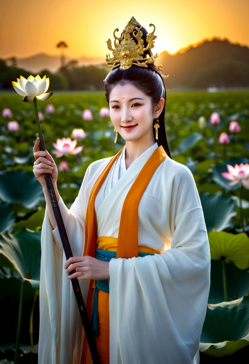 "In a highly detailed 8K RAW photo of unmatched quality, capture Kannon (Avalokiteshvara), embodying compassion, in a front-facing, human-like form. Emphasize her direct gaze at the viewer, conveying warmth with a serene smile, and highlight her holding a shakujō (a monk's staff) in her right hand. Adorned in attire symbolizing her mediatory role between the divine and human realms, she stands before a backdrop of a vibrant lotus field at golden hour, each bloom symbolizing purity and enlightenment. This ultra-realistic masterpiece, with its profound atmosphere of peace, invites deep reflection and spiritual connection."