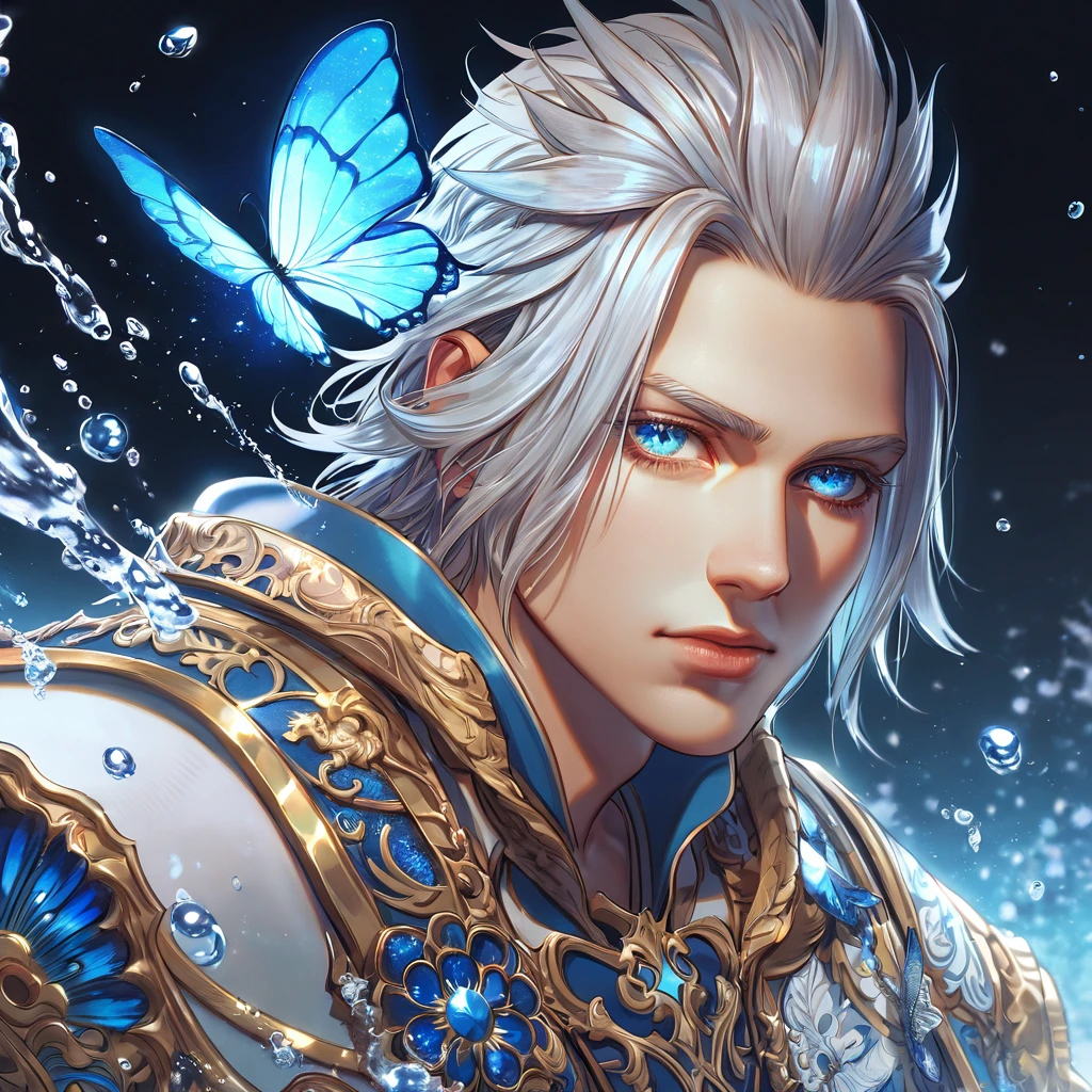 absurdres, highres, ultra detailed, HDR, master piece, best quality, extremely detailed, Ravus Nox Fleuret, white hair, expressive blue eyes, Final Fantasy XV, solo, man, handsome, white coat, fantasy, magic, sparkling, water, blue moon, blue flowers, blue butterflies, blue fireflies
