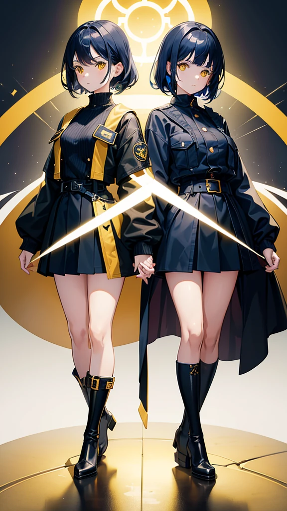2girls, twins, short wavy navy blue hair, golden yellow glowing eyes, wearing black tube top, navy blue trench coat, navy blue long denim skirt, golden boots, sleeve tattoo, river, absurdres, high res, ultra sharp, 8k, masterpiece, looking at viewer, water droplets surrounding the body, holding a black gun