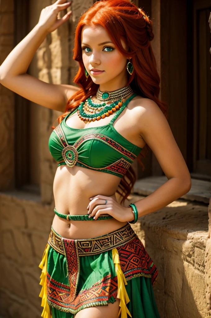 Redhead girl in Aztec dance costume and small waist with bright green eyes and lip piercing